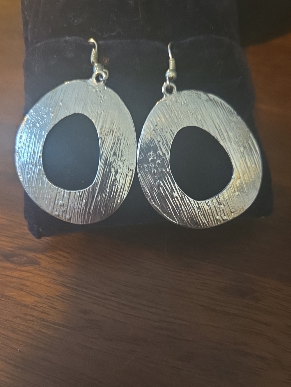 Silver Textured Open Oval Drop Earrings - Women Jewelry